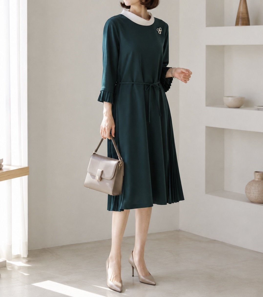 [AURACASA] Elegant Deep Green Side-Pleated Midi Dress ✨ 단정한 딥그린 컬러에 우아한 사이드 플리츠가 더해져 입었을 때 더욱 고급스럽게 떨어지는 원피스입니다.