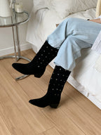 [AURACASA] Studded Suede Square Toe Mid-Calf Boots – Black