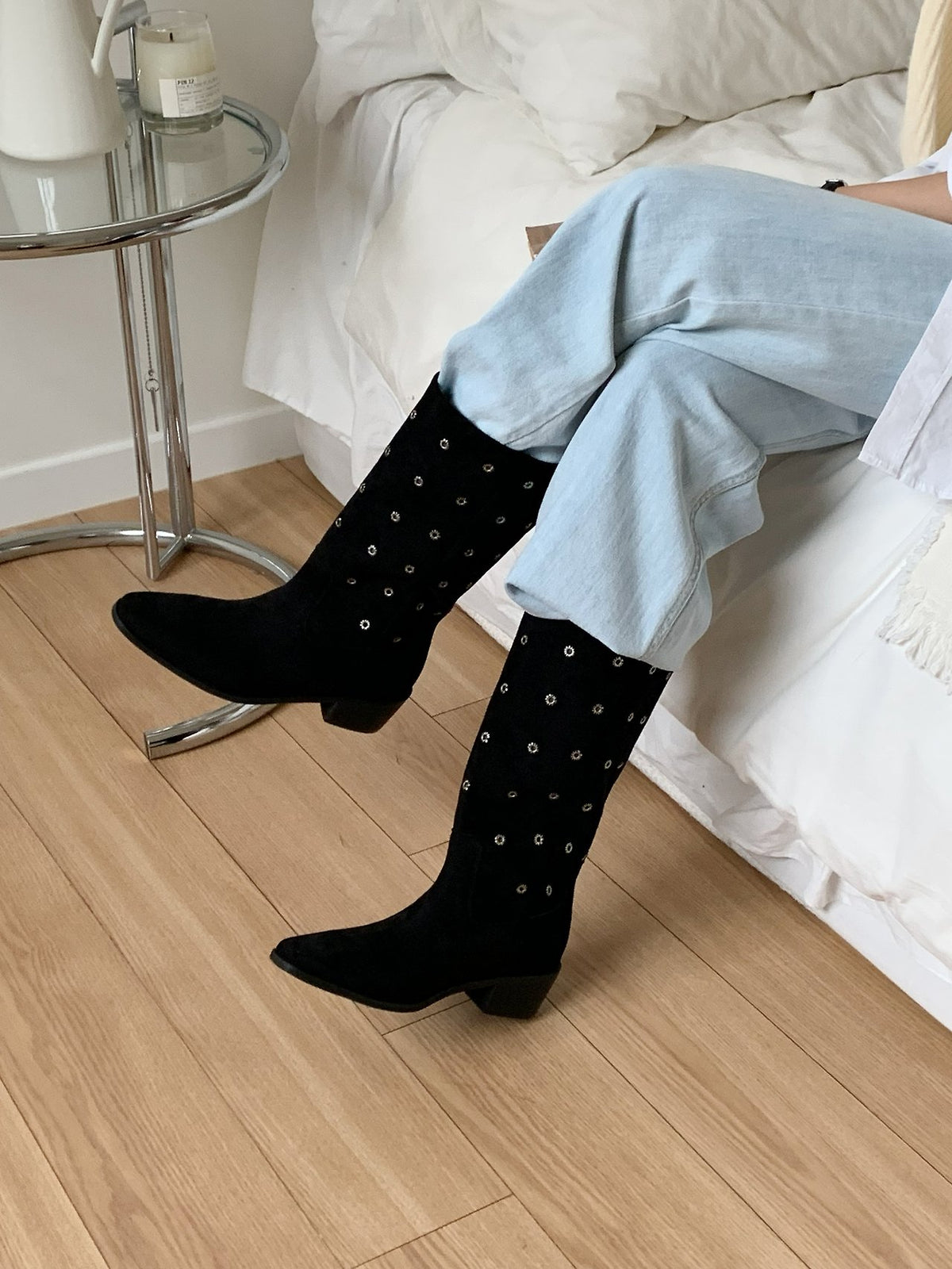[AURACASA] Studded Suede Square Toe Mid-Calf Boots – Black