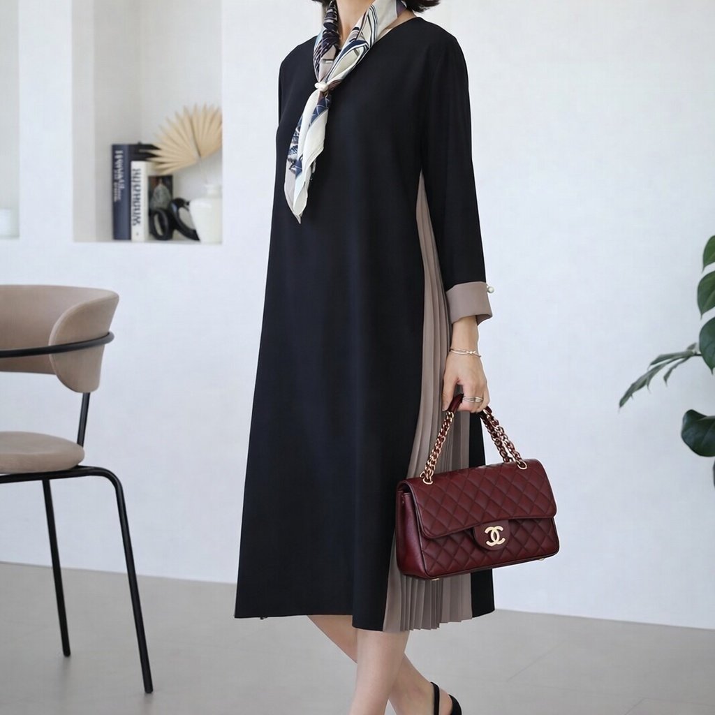 [AURACASA] Signature Pearl Side-Pleated Midi Dress   ✨입어보면 핏이 더욱 예쁘게 살아나는 우아한 플리츠 원피스입니다.