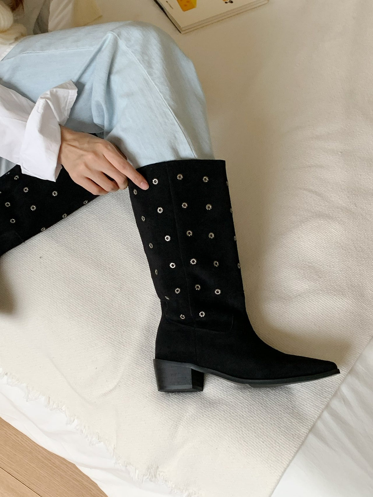 [AURACASA] Studded Suede Square Toe Mid-Calf Boots – Black