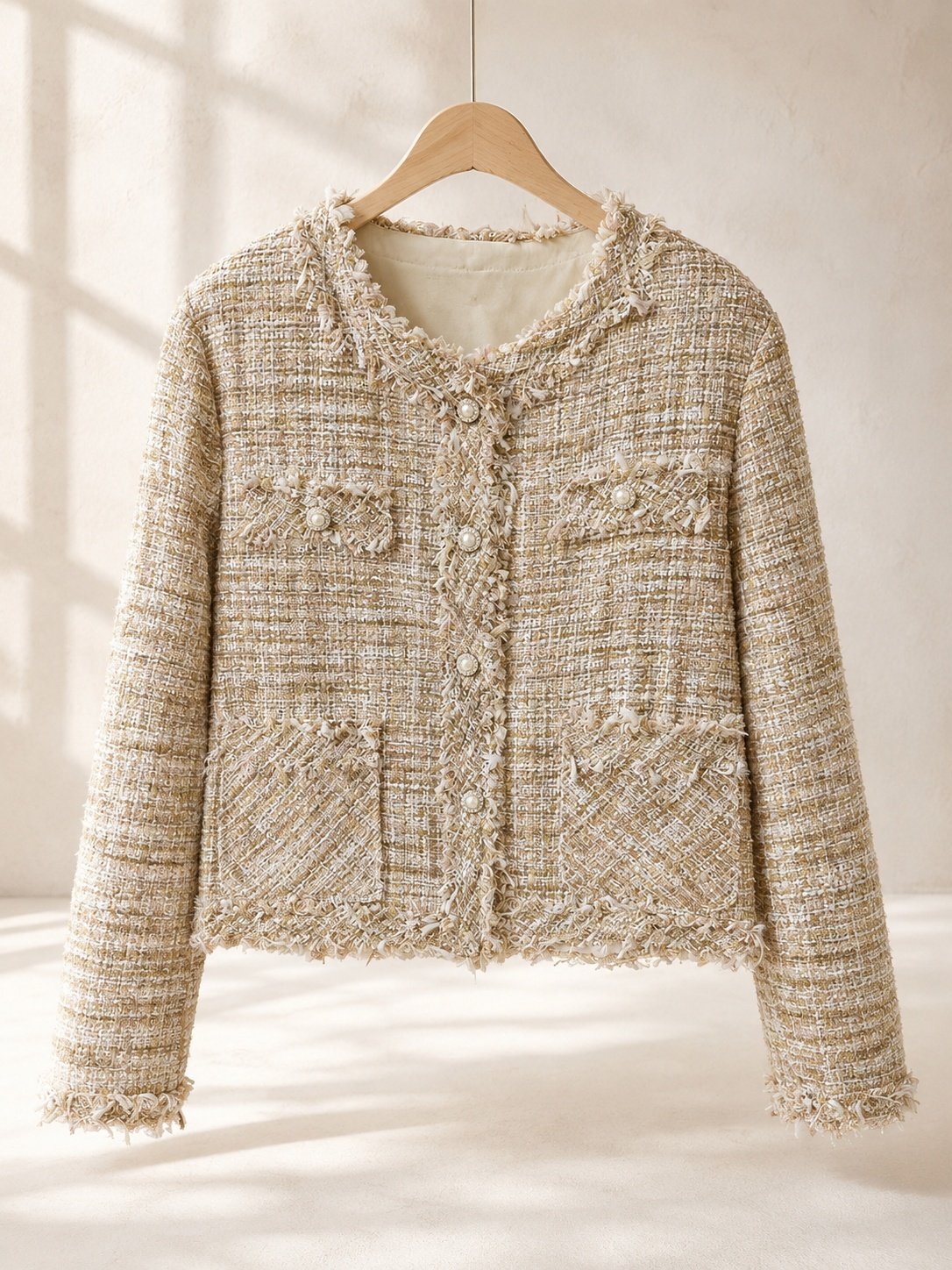 [AURACASA] Pearl Button Fringe Tweed Jacket – Elegant Semi-Cropped Fit