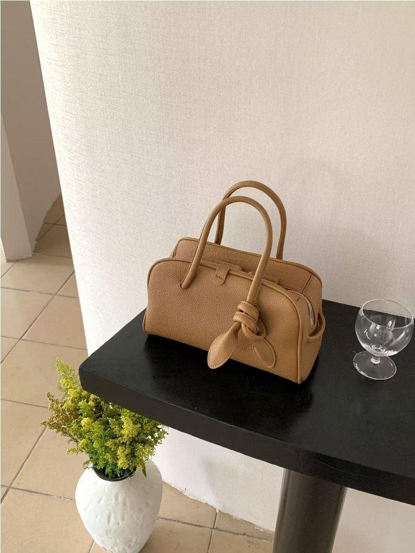 AURACASA Minimal Knot Boston Bag – Structured Mini Top Handle Bag (Black / Brown / Ivory / Mustard)