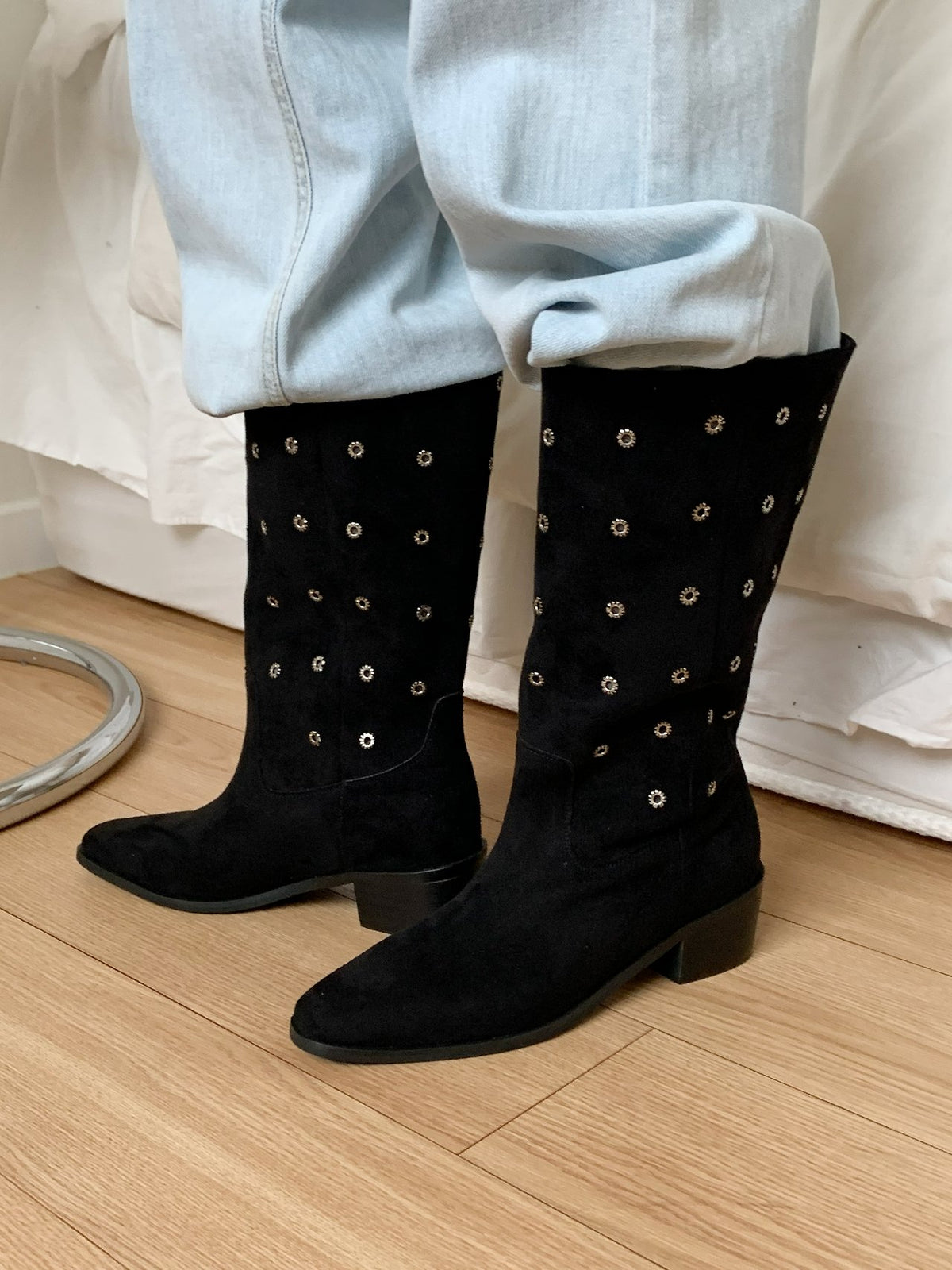 [AURACASA] Studded Suede Square Toe Mid-Calf Boots – Black