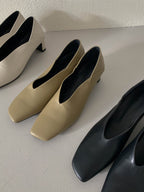 [AURACASA] Square Toe U-Cut Mid Heel Mules