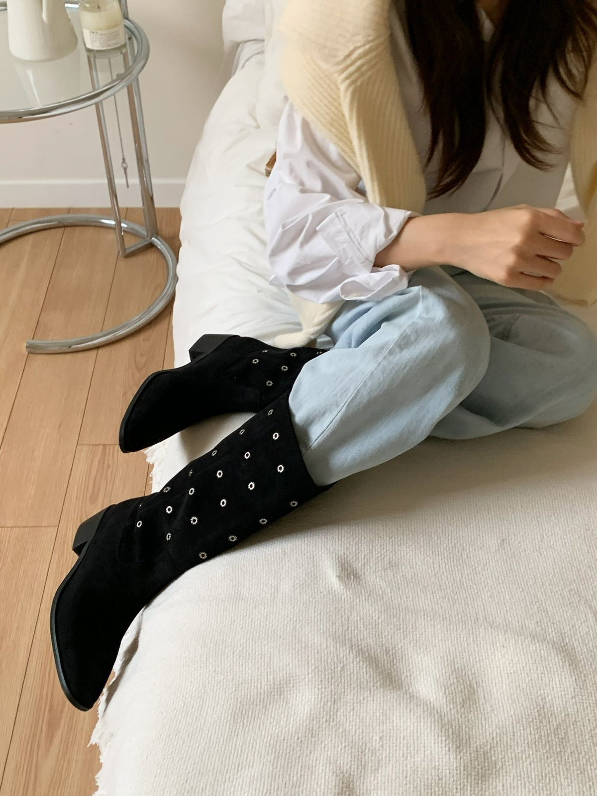 [AURACASA] Studded Suede Square Toe Mid-Calf Boots – Black