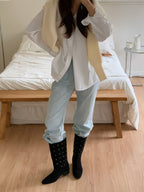 [AURACASA] Studded Suede Square Toe Mid-Calf Boots – Black
