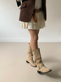 [AURACASA] Vintage Suede Buckle Mid-Calf Boots – Black & Beige