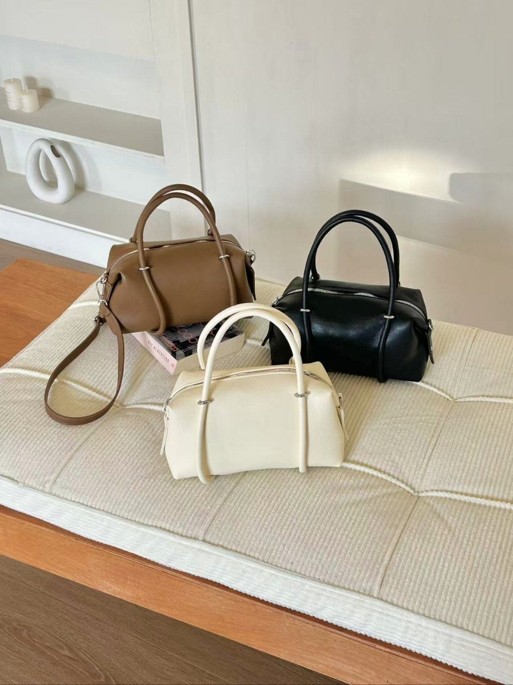 AURACASA Minimal Boston Mini Bag – Structured Shoulder & Crossbody Bag (Black / Ivory / Brown / Pink / Gray)