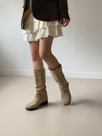 [AURACASA] Vintage Suede Buckle Mid-Calf Boots – Black & Beige