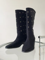 [AURACASA] Studded Suede Square Toe Mid-Calf Boots – Black