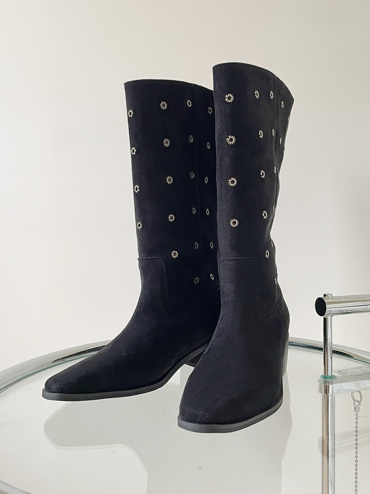 [AURACASA] Studded Suede Square Toe Mid-Calf Boots – Black