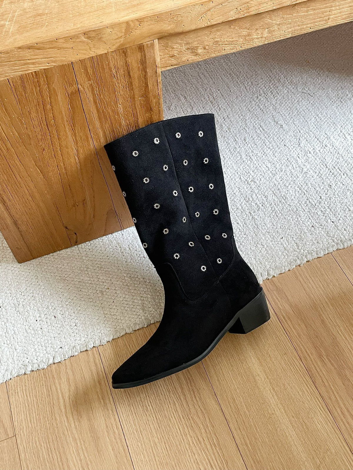 [AURACASA] Studded Suede Square Toe Mid-Calf Boots – Black
