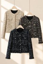 [AURACASA] Pearl Button Fringe Tweed Jacket – Elegant Semi-Cropped Fit