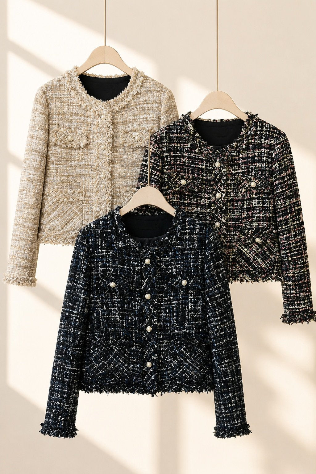 [AURACASA] Pearl Button Fringe Tweed Jacket – Elegant Semi-Cropped Fit