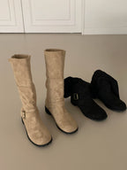 [AURACASA] Vintage Suede Buckle Mid-Calf Boots – Black & Beige